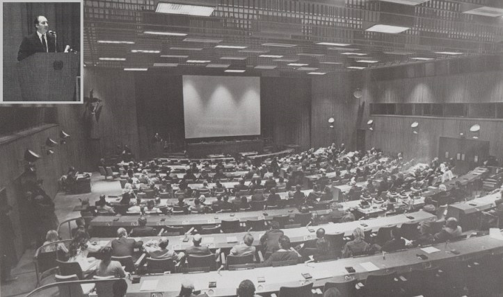 “Service to the world community is a family tradition for His Highness”, declared the UN Secretary General Kurt Waldheim as he welcomed the Aga Khan to the United Nations on December 11, 1980. The Aga Khan was provided a forum to share the first results of ongoing research for a contemporary new Muslim architecture at the Trusteeship Council Chambers which were crowded with UN diplomats, architects, journalists and others for the special event. Fittingly, the event was sponsored by the United Nations Development Program, the agency responsible for building the physical and economic infrastructures in the developing world, which was at that time led by Bradford Morse. Photo: Ismaili Forum, UK, July 1981.