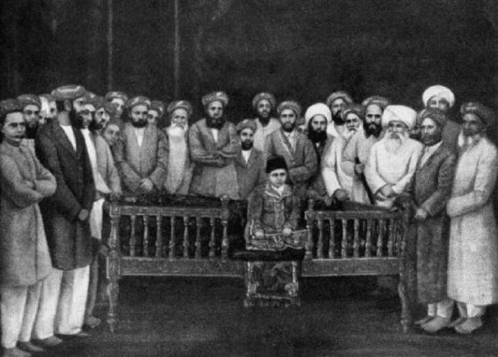 September 1, 1885: The 7-year-old Aga Khan III at his enthronement ceremony as 48th Imam of the Shia Ismaili Ismaili Muslims in Bombay. He is surrounded by community elders. Photo: Keystone/Hulton Archive/Getty Images, Copyright