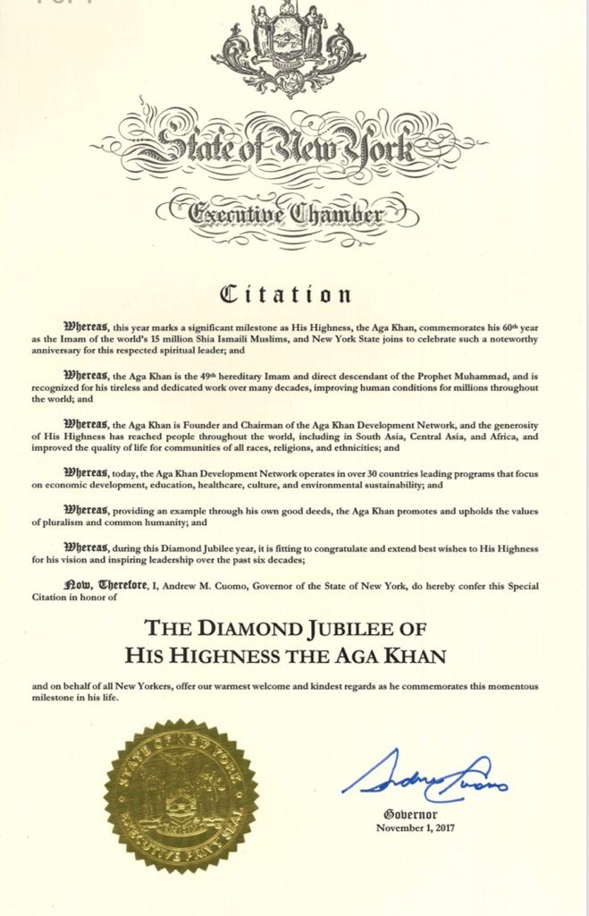 Aga Khan Citation by Governor Cuomo