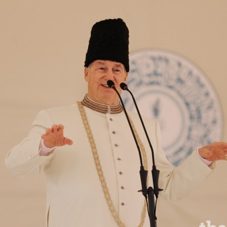 Mawlana Hazar Imam addresses the Jamat during the Darbar at Garamchashma, Lower Chitral. Photo: The Ismaili.