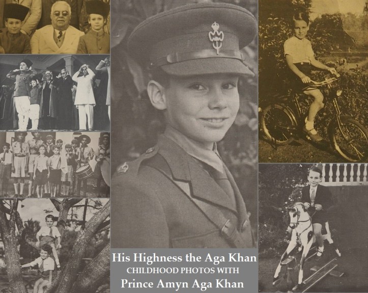 A collage of childhood photographs featuring His Highness the Aga Khan and Prince Amyn Aga Khan, showcasing various moments of their early years, including playful activities and social events.