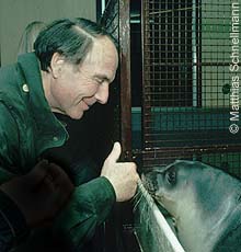 Prince Sadruddin with orphaned monk seal pup Efstratia