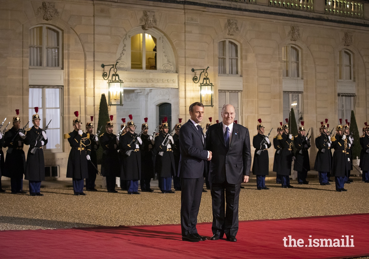 His Highness the Aga Khan, Mawlana Hazar Imam, received by President Emmanuel Macron at Élysée Palace, Paris Peace Forum, Barakah