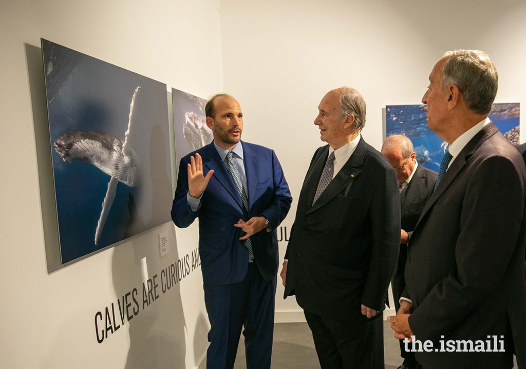 Prince Hussain, His Highness the Aga Khan and Portuguese President Marcelo Rebelo de Sousa pictured on November 6, 2019 at The Living Sea photo exhibition at the National Museum of Natural History and Science in Lisbon.