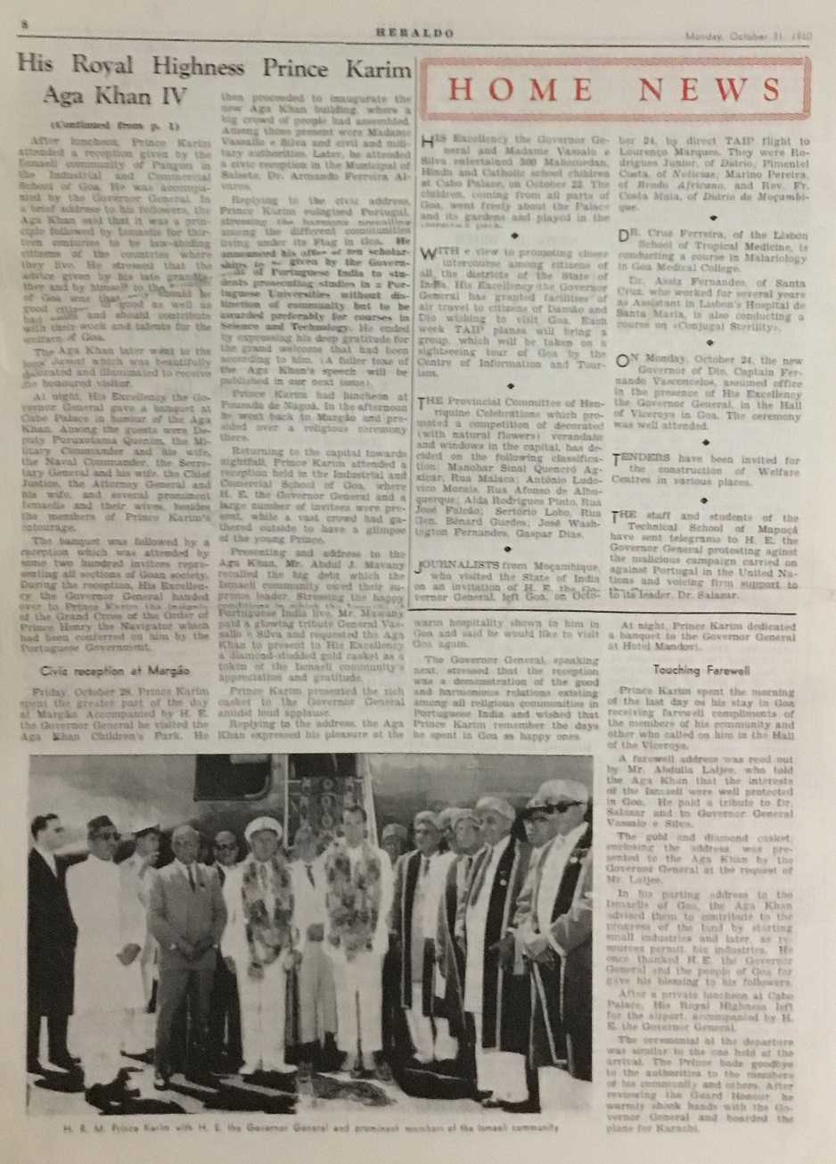 Aga Khan in Goa Heraldo October 31, 1960, Simerg and Barakah