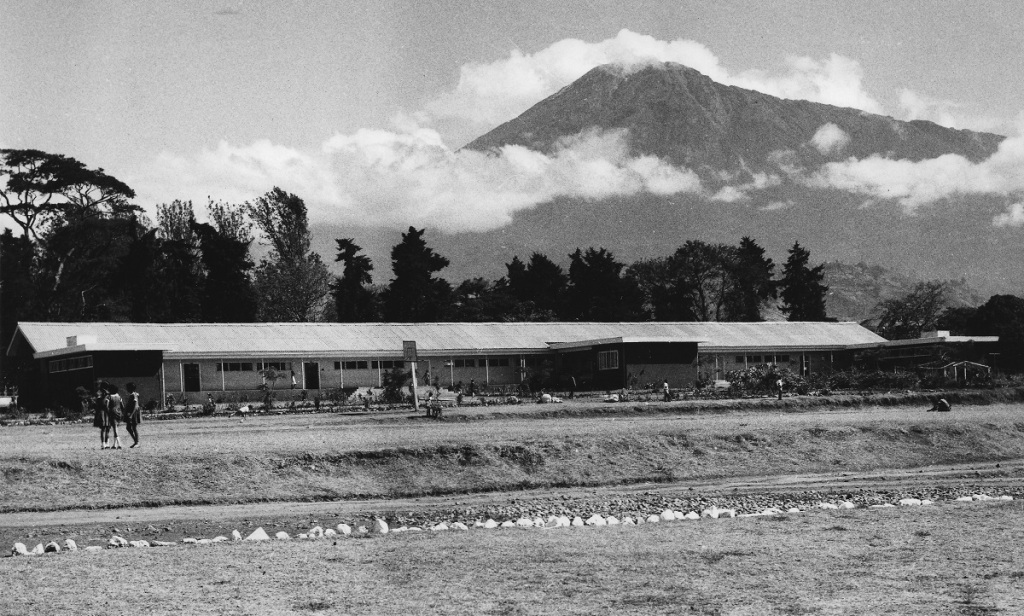 Aga Khan in Arusha Tanzania in 1966, Barakah Photo. Aga Khan Primary School Arusha completed in 1967. Mount Meru in background.