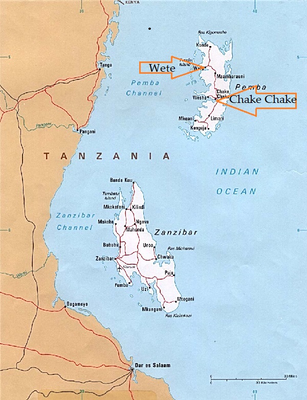 Map of Pemba with Chake Chake and Wete, and also Zanzibar Tanzania and Kenya Indian Ocean Barakah