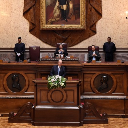, His Highness the Aga Khan, addresses Portugal's Members of Parliament in the Senate Chamber of the Portuguese Parliament Building on July 10, 2018 during his Diamond Jubilee visit to Portugal. Barakah.com