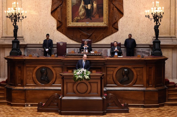 , His Highness the Aga Khan, addresses Portugal's Members of Parliament in the Senate Chamber of the Portuguese Parliament Building on July 10, 2018 during his Diamond Jubilee visit to Portugal. Barakah.com