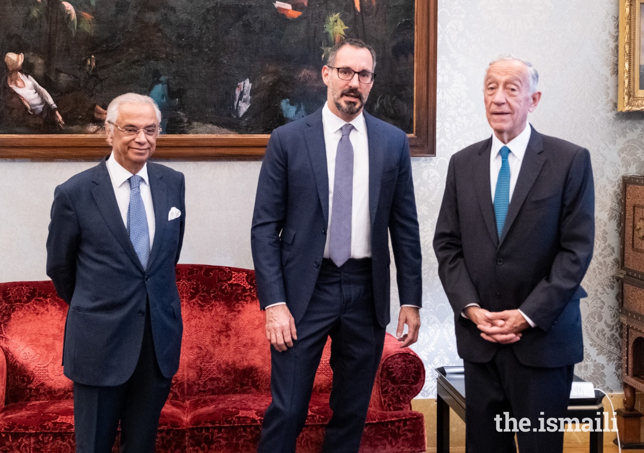 Prince Rahim Aga Khan, President Marcelo Rebelo de Sousa, and Nazim Ahmad, Diplomatic Representative of the Ismaili Imamat to Portugal. Photo: AKDN/Rui Ochoa
