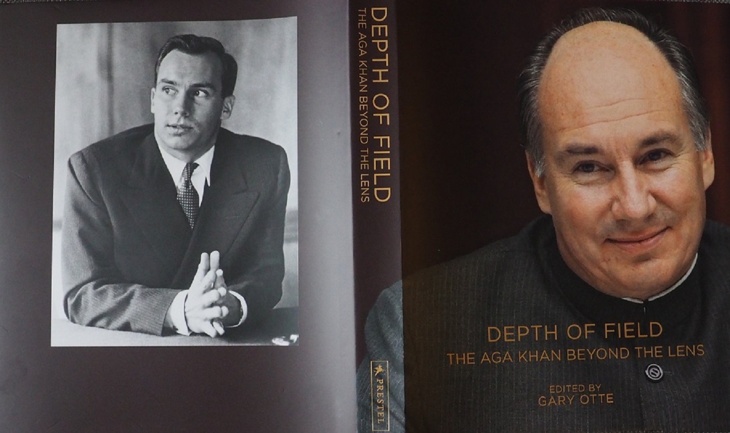 Jacket, "Depth of Field: The Aga Khan Beyond the Lens," 220 photographs, pictorial biography, Barakah, Nizar Motani reflection