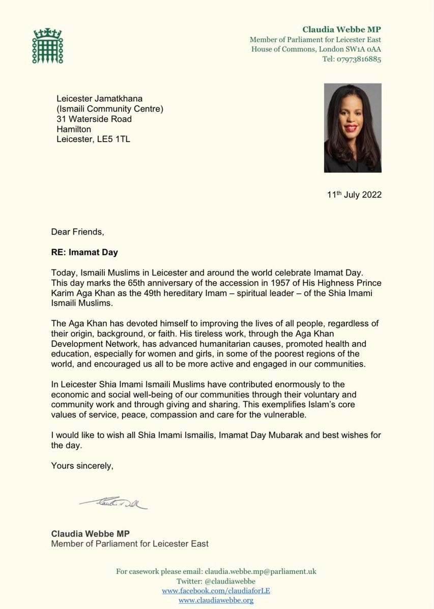 MP for Leicester East message to Aga Khan