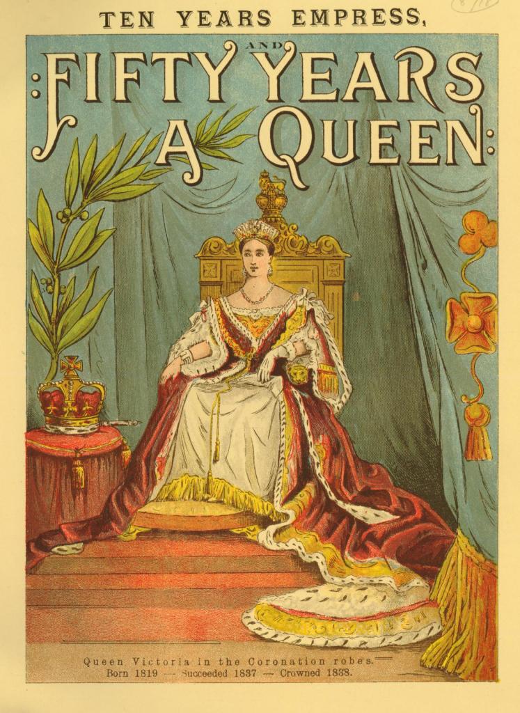 Chromolithograph of Queen Victoria in state robes with the crown, sceptre and cushion, symbols of her reign.