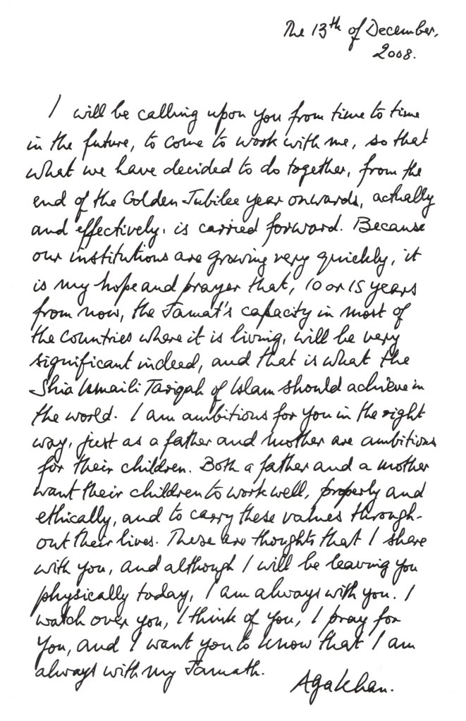 Aga Khan Message handwritten