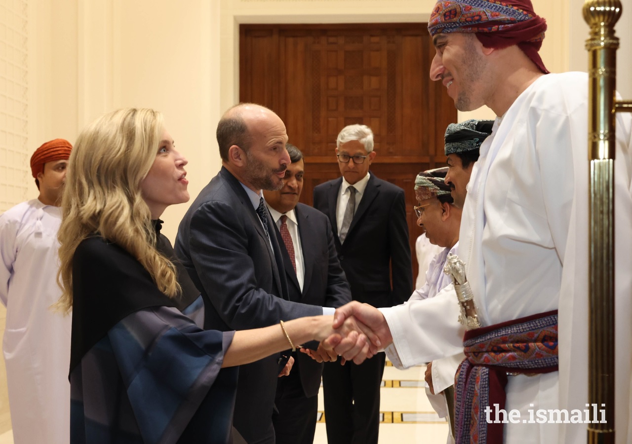 Prince Hussain Aga Khan and his wife Princess Fareen offer well wishes to hosts of the event at the Royal Opera House in Muscat, including His Highness Sayyid Kamil bin Fahad bin Mahmood Al Said (right). Photograph: Akbar Hakim/AKDN