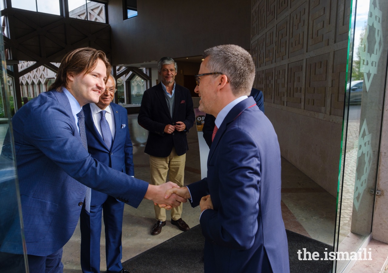 Prince Aly Muhammad, youngest child of Mawlana Hazar Imam, His Highness the Aga Khan, welcomes Lisbon's Mayor Dr Carlos Moedas, at the Ismaili Centre Lisbon as the Centre marks the 26th anniversary of its foundation with a public Open House on the weekend of December 18, 2022, Barakah