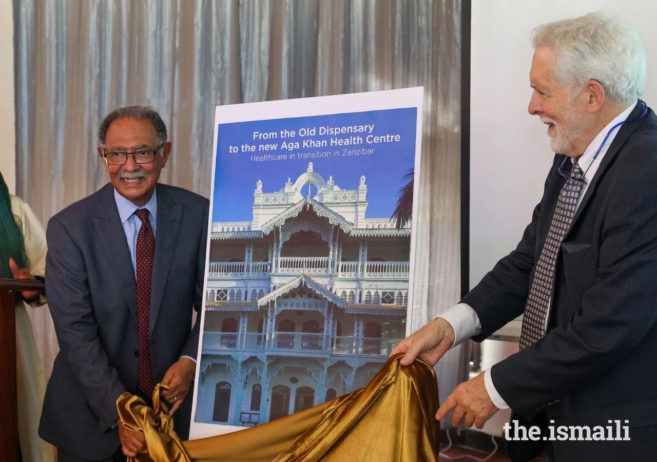 Dr Farouk Topan, professor of Swahili culture and grandson of the iconic Ismaili historical figure Sir Tharia Topan, and John Tomaro, former director of health for the Aga Khan Foundation, unveil a new book entitled "From the Old Dispensary to the new Aga Khan Health Centre", Barakah