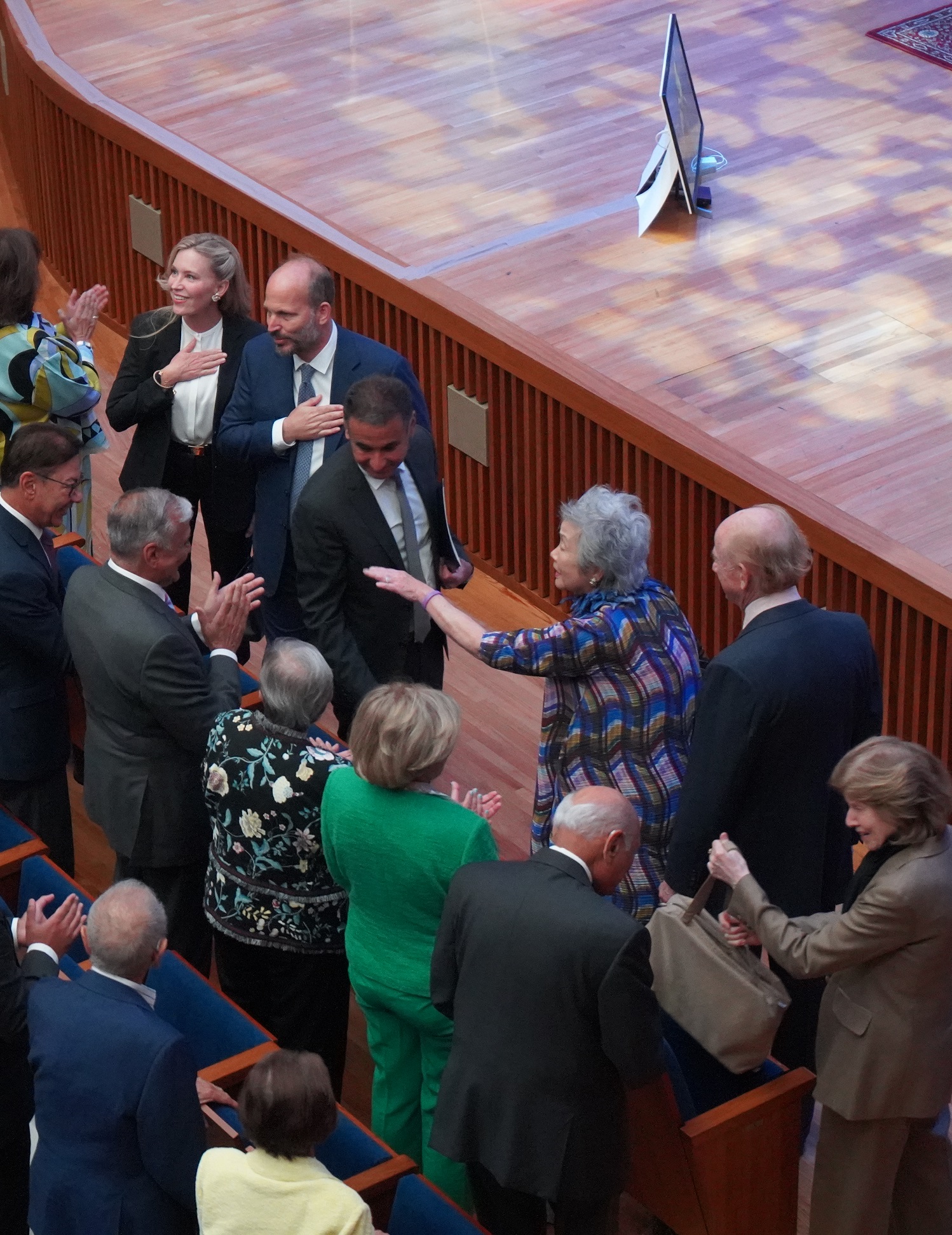 From left to right: Princess Fareen Aga Khan, Prince Hussain Aga Khan, president of the Aga Khan Ismaili Council for Canada Ameer Kassim-Lakha, former Governor General of Canada the Right Honourable Adrienne Clarkson and her husband John Ralston Saul arrive at the Aga Khan Museum for Prince Hussain's presentation of his exhibition The Living Sea: Fragile Beauty; May 24, 2023. Photograph: Nurin Merchant/Barakah.