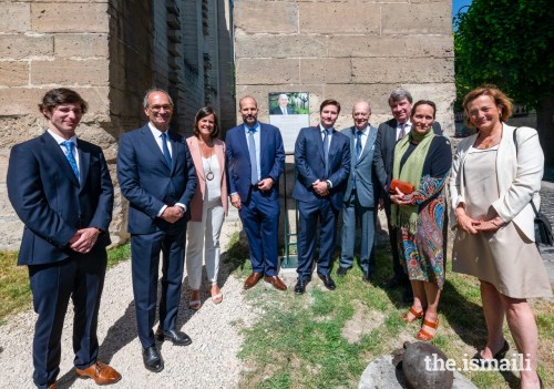 (Left to right): Iliyan Boyden, Eric Woerth, Isabelle Wojtowiez, Prince Hussain, Prince Aly Muhammad, Prince Amyn, Xavier Darcos, Princess Zahra, and Florence Woerth pose for a photograph with the plaque.