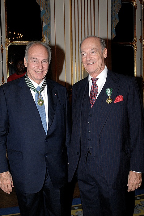 Mawlana Hazar Imam, His Highness the Aga Khan (left) and his younger brother Prince Amyn pictured after they were decorated at the Ministry of Culture in Paris for their work in culture; November 9, 2010.