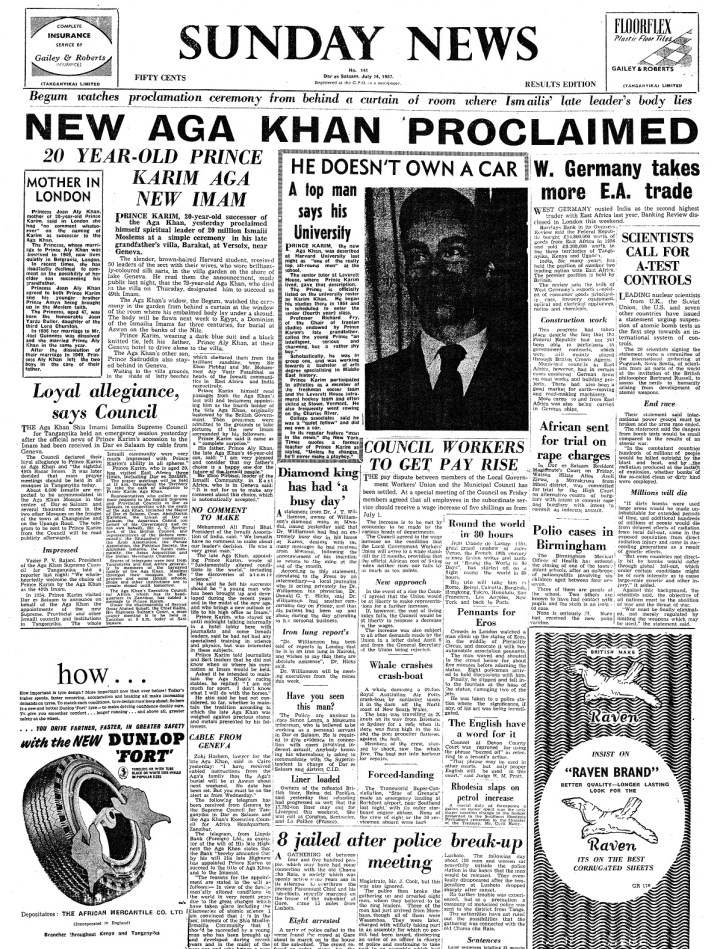 Tanganyika Standard Aga Khan Special Coverage Diamond Jubilee, Death and Enthronement