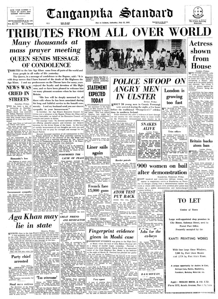 Tanganyika Standard Aga Khan Special Coverage Diamond Jubilee, Death and Enthronement