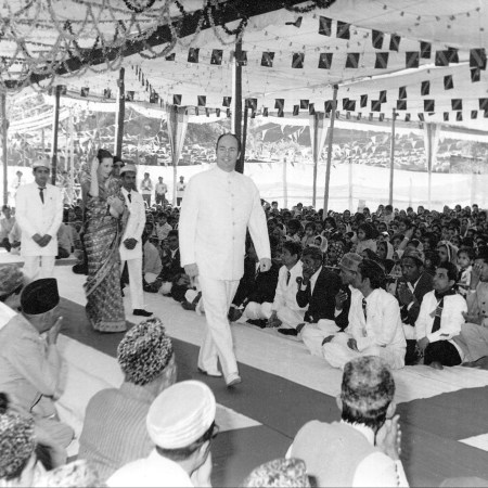 Ismaili Imam Aga Khan in Methan Village, Sidhpur, India, for meeting with followers and foundation ceremony of new Ismaili Jamatkhana prayer house, Barakah.