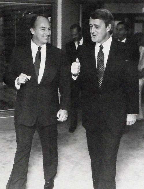 Mawlana Hazar Imam, His Highness the Aga Khan, and Canadian Prime Minister Brian Mulroney in a jovial mood at the opening of the Ismaili Centre and Jamatkhana in Vancouver