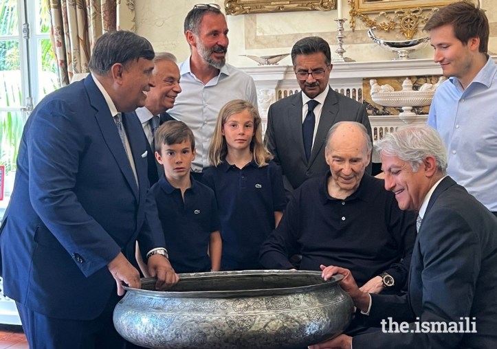 Aga Khan receives gift of a Monumental Basin grom his Ismaili followers.