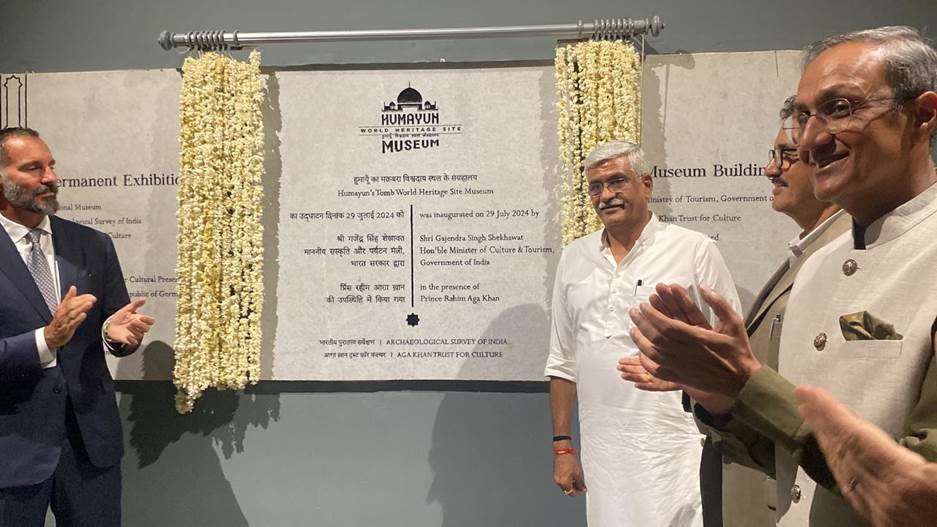 India's Minister of Culture and Tourism Shri Gajendra Singh Shekhawat and Prince Rahim Aga Khan unveil the plaque to inaugurate the Humayun World Heritage Site Museum in New Delhi