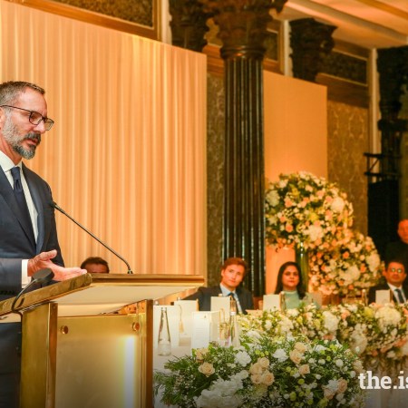 Prince Rahim Aga Khan addresses at the Ismaili Institutional dinner held to honour him and his brother, Prince Aly Muhammad, during their visit to Mumbai on July 28, 2024. In his remarks, expressed his deep appreciation to leaders, staff, donors and volunteers for their work over decades to enhance the quality of life of the Ismaili community, Barakah, Aga Khan textual and visual expressions