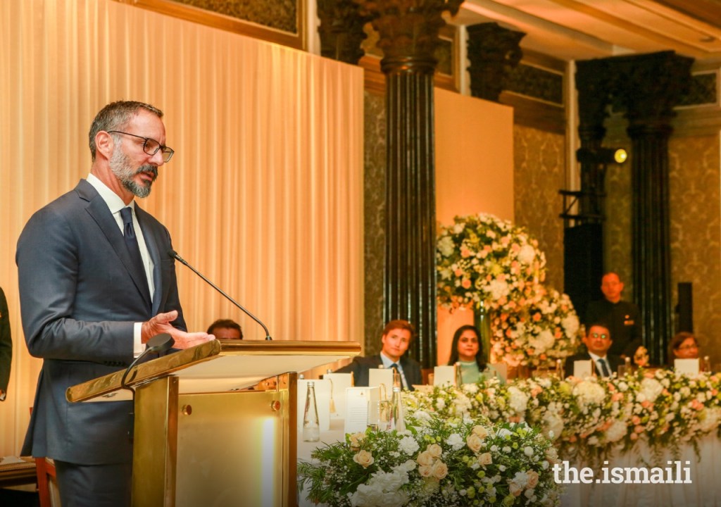 Prince Rahim Aga Khan addresses at the Ismaili Institutional dinner held to honour him and his brother, Prince Aly Muhammad, during their visit to Mumbai on July 28, 2024. In his remarks, expressed his deep appreciation to leaders, staff, donors and volunteers for their work over decades to enhance the quality of life of the Ismaili community, Barakah, Aga Khan textual and visual expressions