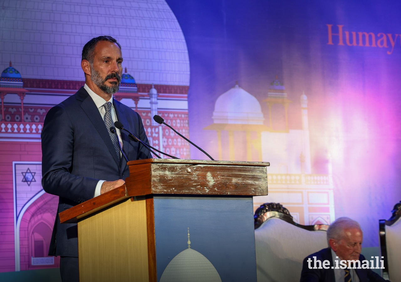 Prince Rahim Aga Khan addresses guests gathered at the inauguration ceremony of the Humayun World Heritage Site Museum in Delhi on July 29, 2024.