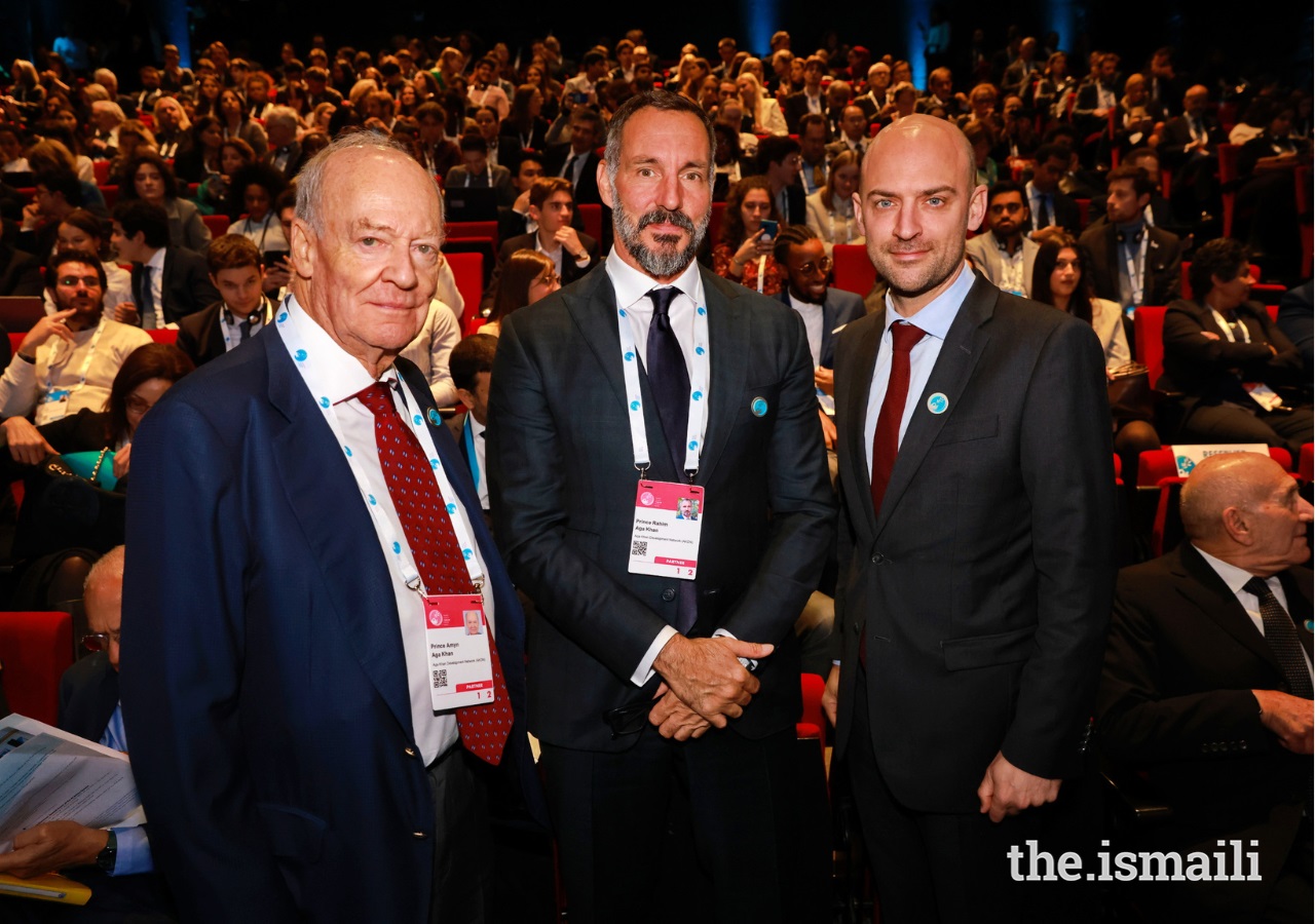 Prince Amyn Aga Khan and Prince Rahim with Jean-Noël Barrot, Minister for Europe and Foreign Affairs of the French Republic at the Paris Peace Forum