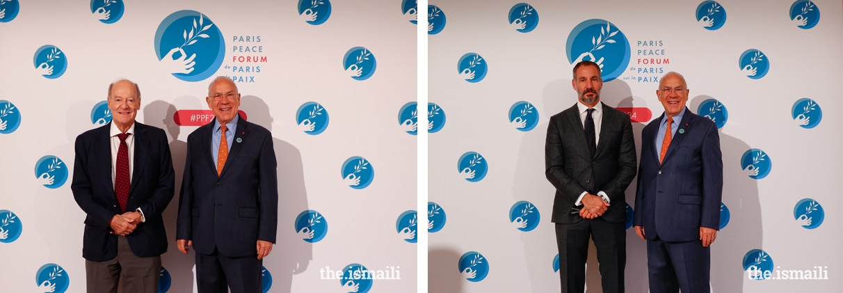 Ángel Gurría, President of the Paris Peace Forum, welcomes Prince Amyn Aga Khan and Prince Rahim Aga Khan to the event’s 7th edition at the Palais de Chaillot,