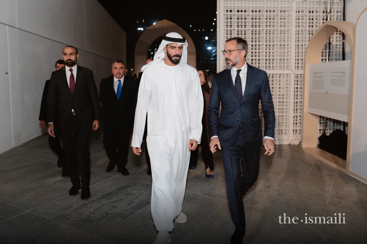 His Excellency Sheikh Salem Al Qassimi, UAE Minister of Culture, and Prince Rahim Aga Khan at the entrance to the Louvre Abu Dhabi on where they attended the Al Burda Barakah a dedication to the Aga Khan and Ismaili Imamat