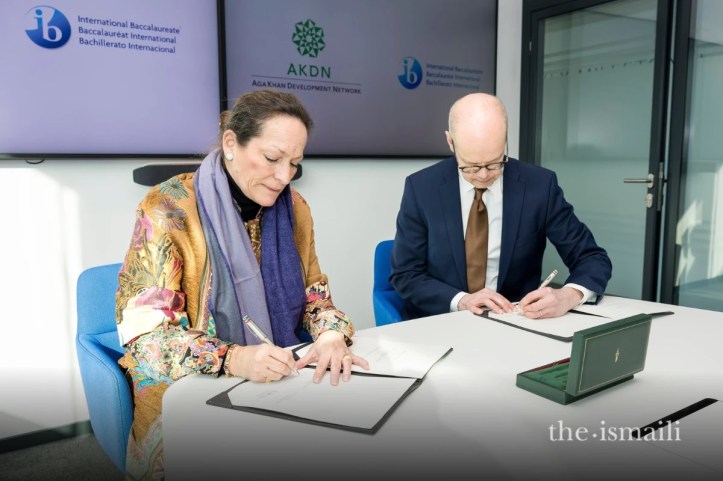Barakah Princess Zahra Aga Khan of the AKDN and Director General of the IB Olli-Pekka Heinonen at the Mou signing. on January 13, 2025, in Geneva, Switzerland