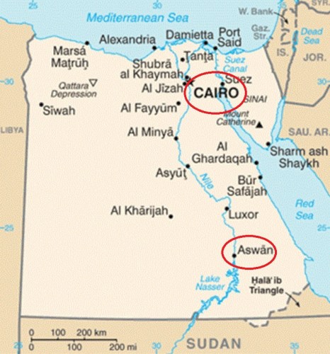 Map of Egypt with Cairo and Aswan
