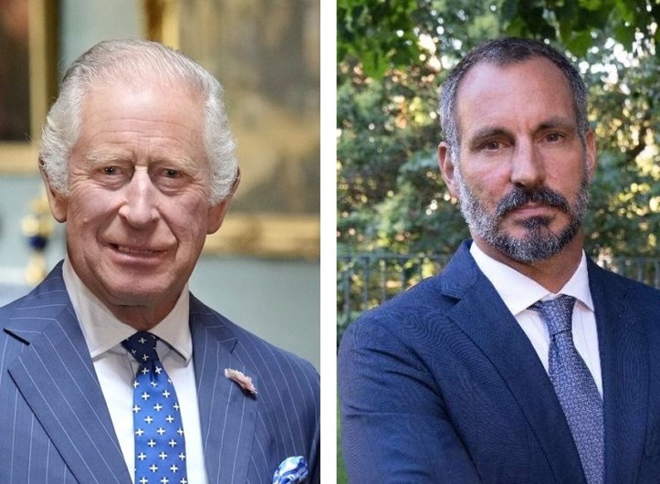 A split image featuring two men: on the left, a man with gray hair wearing a blue striped suit and a blue polka dot tie; on the right, a man with a beard wearing a dark suit and white shirt.