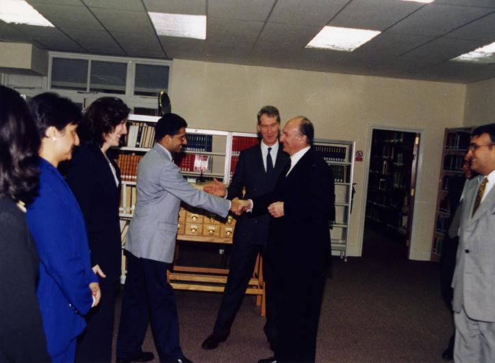 Alnoor Merchant is introduced to the Aga Khan during his visit to the Library of the Institute of Ismaili Studies