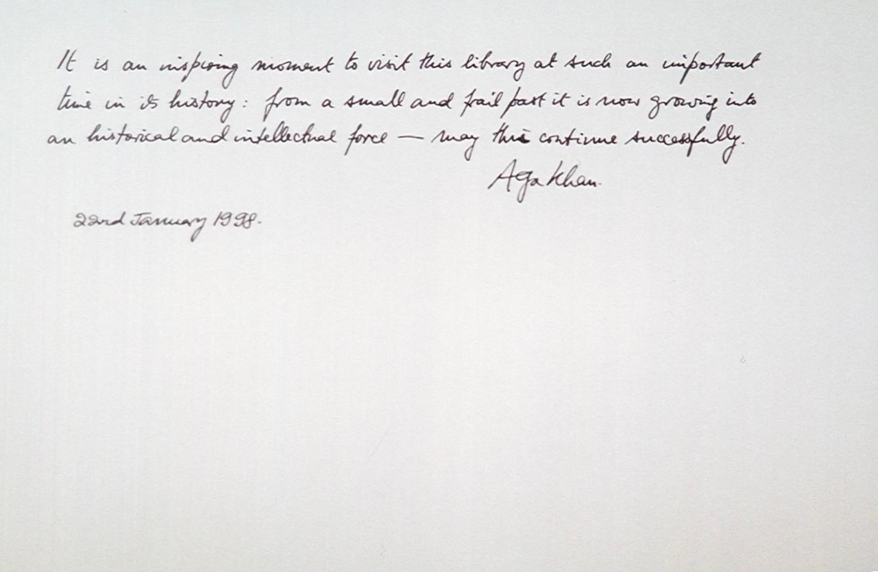 An image of Mawlana Shah Karim His Highness the Aga Khan's message when he visited the library of the Institute of   Ismaili Studies; January 22, 1998. 