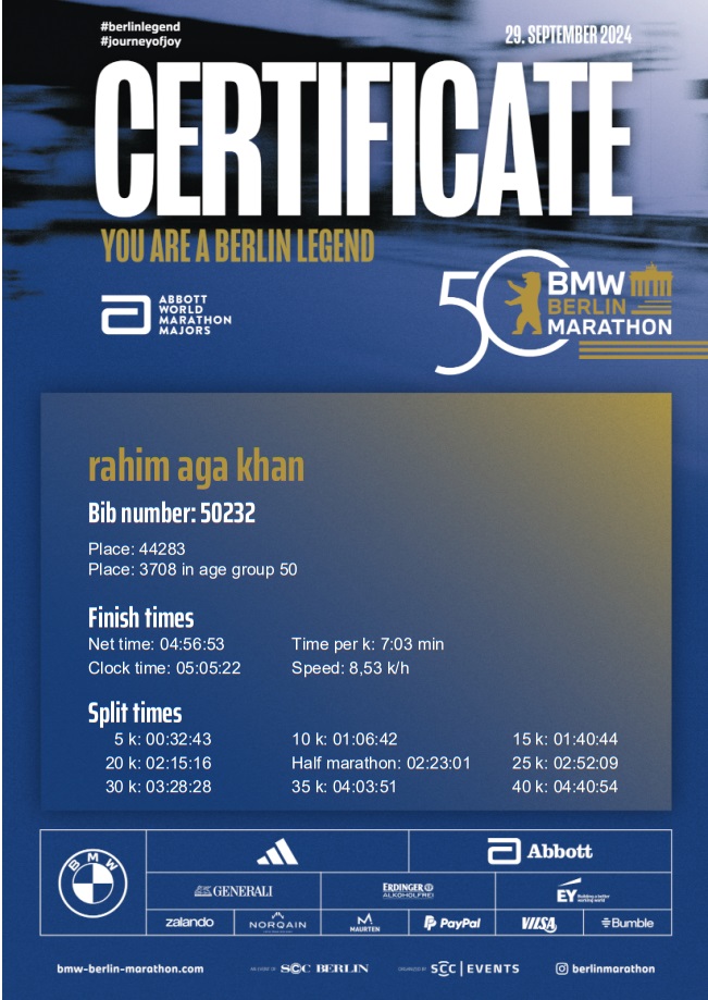 Aga Khan certificate for 2024 marathon in Berlin 