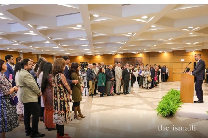 Aga Khan addrersses multi-faith members in the social hall of the Ismaili Centre Lisbon