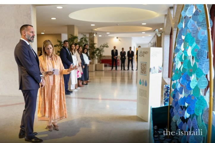 Aga Khan is shown an art installation entitled Journey Home created by members of the Ismaili community of Portugal and Spain