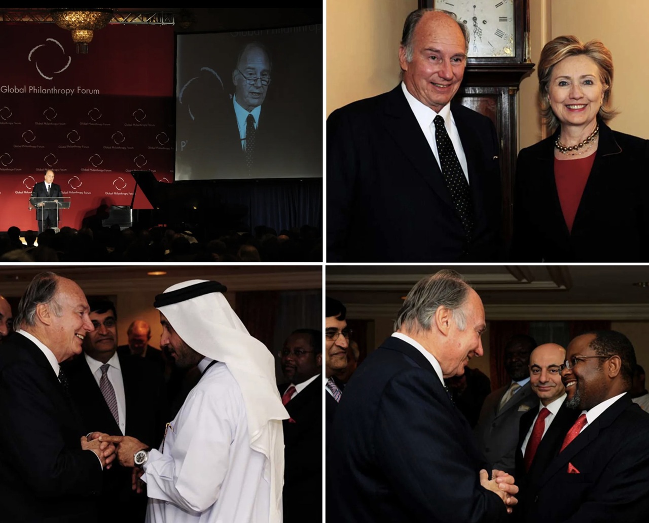 Aga Khan IV speaking at the Global Philanthropy Forum, with a large audience in the background. The image shows him at a podium, with a screen displaying his speech.