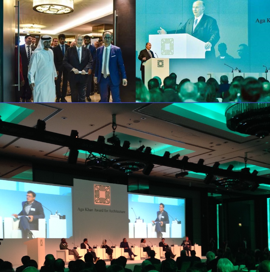 Aga Khan Award for Architecture ceremony with a diverse panel of speakers and audience in a modern venue.