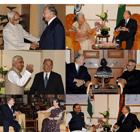 Collage of meetings featuring His Highness the Aga Khan with various Indian leaders, showcasing interactions, discussions, and cultural exchanges.