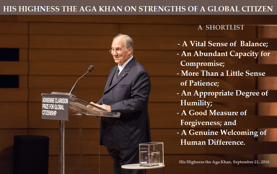 His Highness the Aga Khan speaking at the Adrienne Clarkson Prize for Global Citizenship, presenting a shortlist on the strengths of a global citizen.