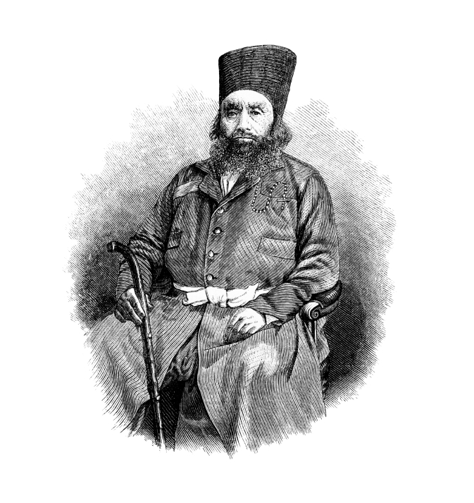 An illustrated portrait of a seated man with a long beard, wearing a traditional hat and formal clothing, holding a cane.