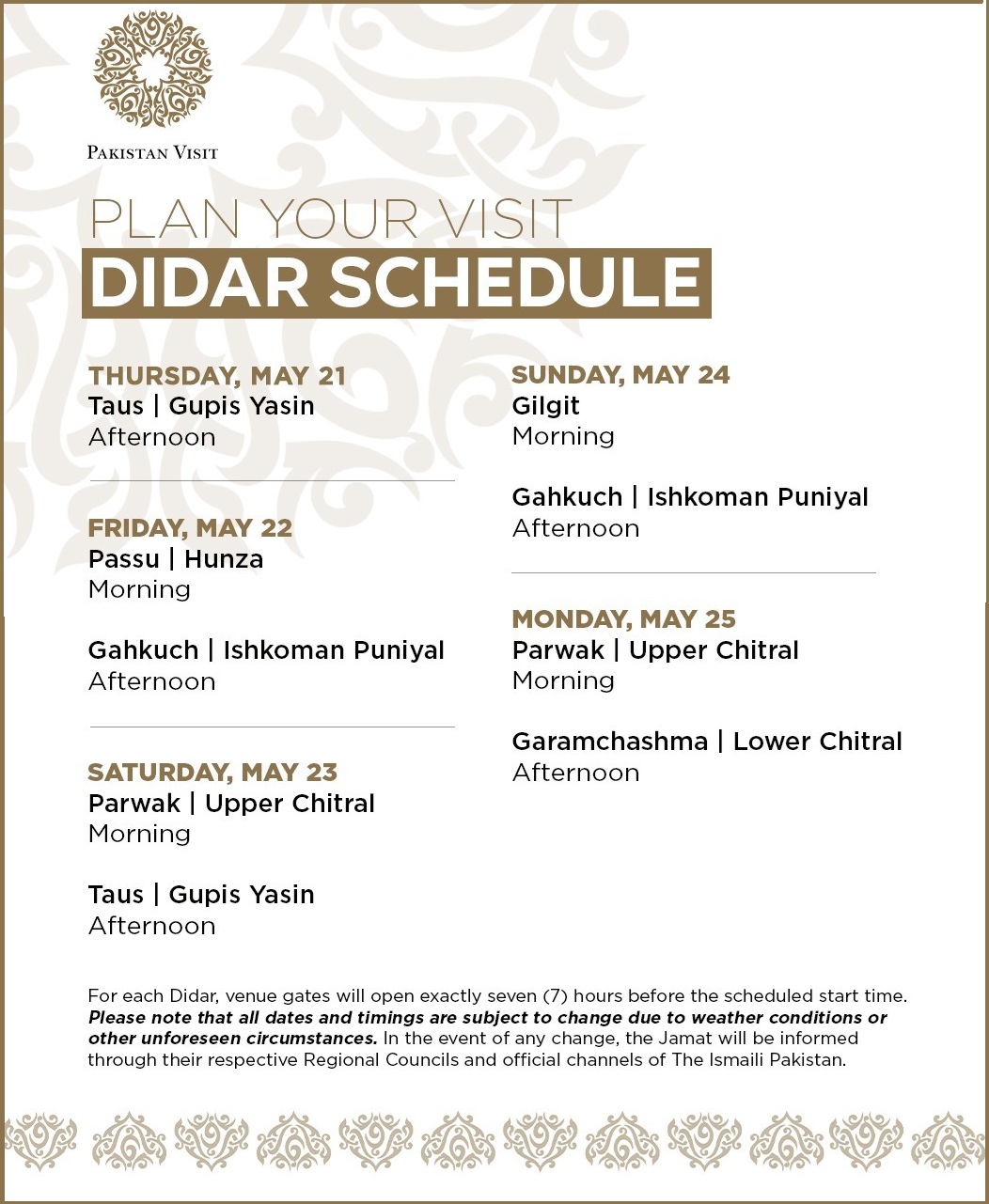 Northern Pakistan Didar Schedule